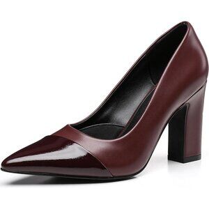 Women's Burgundy Pointed Toe Chunky Pumps Shoes Block High Heels Comfortable